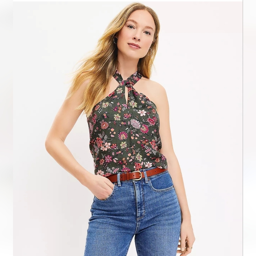 LOFT Olive Floral Halter Tank Top with Pink & Peach Flowers - Picture 11 of 12
